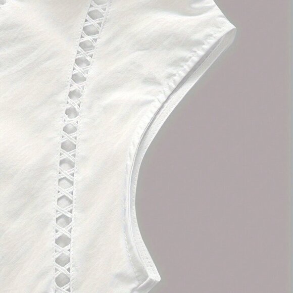 White Elegant Women's High Collar Sleeveless Loose Lace Trim Blouse - Picture 5 of 5